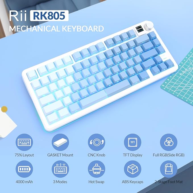 Rii RK805 Wireless Gasket Mechanical Keyboard with TFT Screen and Knob,75% Creamy Gaming Keyboard with RGB Backlight,Tri-Mode BT/2.4G/USB-C,Hot Swappable,for Windows/Mac/Linux(Blue Gradient)