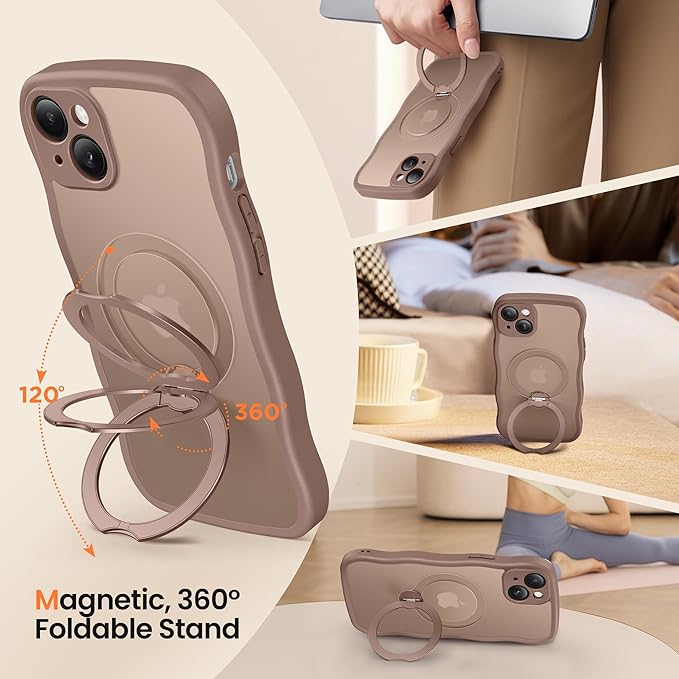 CAPRARO for iPhone 15 Plus Case with 360° Spin Magnetic Stand for Women, [Compatible with MagSafe] [Full Camera Protection] Cute Wave Translucent Matte Case for iPhone 15 Plus, Brown
