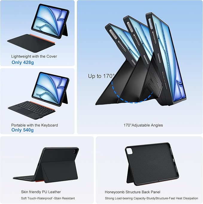 WIWU for iPad Keyboard Case Air 11 Inch M4/M3/M2 11th/10th Gen 3 in 1 Magnetic Detachable Case Keyboard Adjustable Stand Backlit Keys Touchpad (Black, For iPad 11/10/Air 5/4/11"(M2/M3) Pro 11"4/3/2/1)