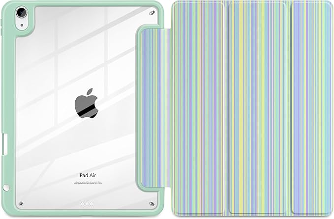 Case for iPad Air 13 inch 2026 M4 2025 M3 2024 M2 Release with Pencil Holder - Cute Preppy Design Trifold Cover with Soft TPU Bumper Clear Back Auto Sleep/Wake for Girls Women, Lines Green