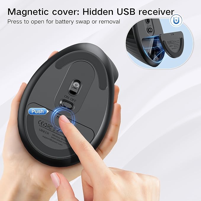 Uineer Vertical Mouse, 2.4GHz Ergonomic Wireless Mouse, Adjustable DPI (800-2400), 6 Buttons, Battery Powered,Comfortable Grip for Laptop/PC/Mac, Wrist Pain Relief, Black