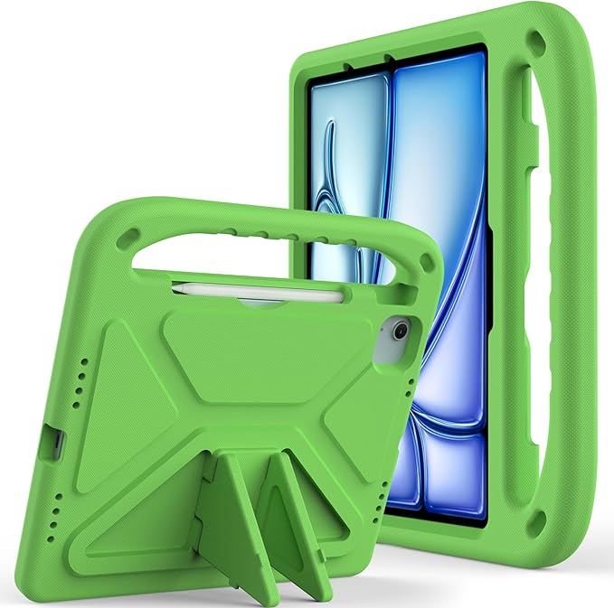 Kids Case for iPad Air 11 inch M4/M3/M2 (2026/2025/2024) & iPad Pro 11 inch M5/M4 (2025/2024) with Pencil Holder/Handle/Kickstand Lightweight Shockproof Cute Soft EVA Foam Stand Cover, Green
