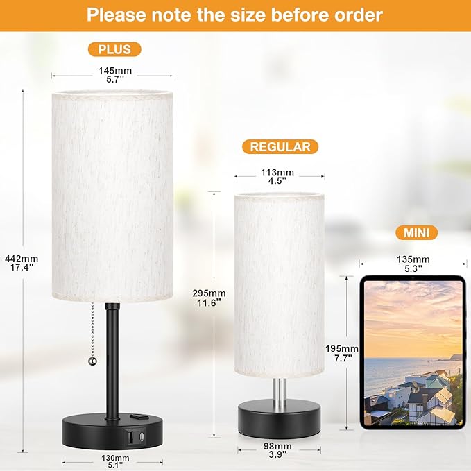 PartageiZ Pull Chain Table Lamp for Bedroom - 3 Color Temperatures, USB A + C Charging, AC Outlet, 17.4 inch Tall Bedside Lamp with E26 LED Bulb