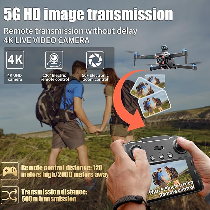 Drones With Camera for Adults 4K,Remote Contorl with Large Screen,FPV Drone with 50mins Flying Time,Auto Return GPS,360° Obstacle Avoidance Drone for Beginner,extra 8G SD Card Included