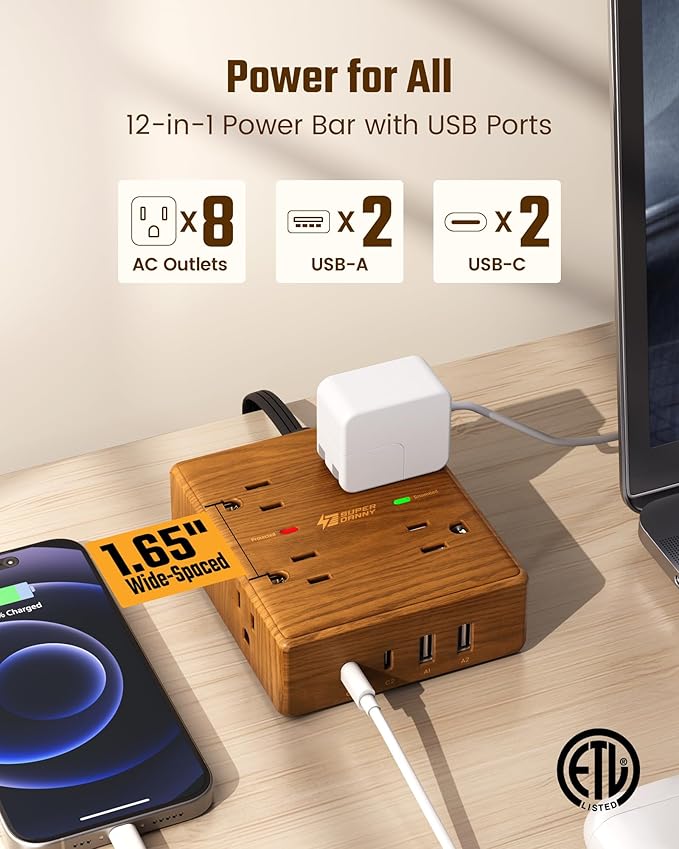 Brown Extension Cord 10Ft, Flat Plug Power Strip Surge Protector, 8 Outlets & 4 USB Ports (2 USB C), Desktop Charging Station Hidden Behind Furniture, Decorative Office Desk Accessories (Walnut Wood)