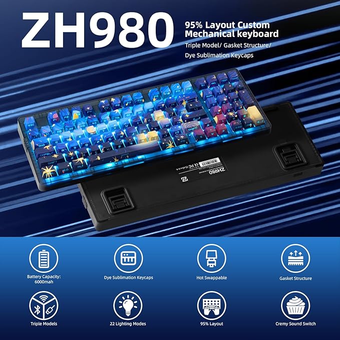 ZORNHER ZH980 Mechanical Keyboard,95% Blue Creamy Keyboard with Number Pad,Van Gogh's Starry Night Dye Sublimation PBT Keycaps,Creamy Sounding Linear Switches,Hot-Swappable,RGB Backlit