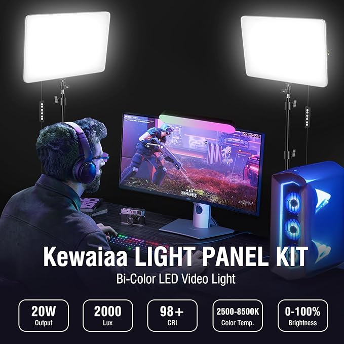 2-Pack LED Video Light Kit with 63'' Tripod Stand, 2500K-8500K Dimmable Studio Light Photography Panel Lighting for Video Recording Game Live Streaming Podcast YouTube Filming, Phone Holder