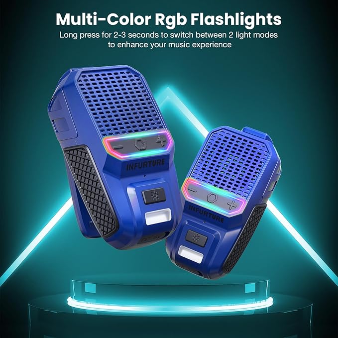 INFURTURE Clip on Speaker Wearable Bluetooth Speaker with RGB/Flashlight Shower Speake Built-in Noise Reduction Mic, Bathroom Speakers for Hands-Free Music/Calls-for Work/Riding/Outdoor, Ideal Gifts