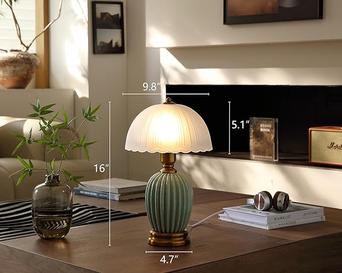 Glivpny Vintage Table Lamp for Living Room,16" Mid Century Modern Ceramic Lamps for Bedroom,Retro Bedside Nightstand Mushroom Glass Lamps, Classic Chinoiserie Green Lamp for Home Decor (LD003)