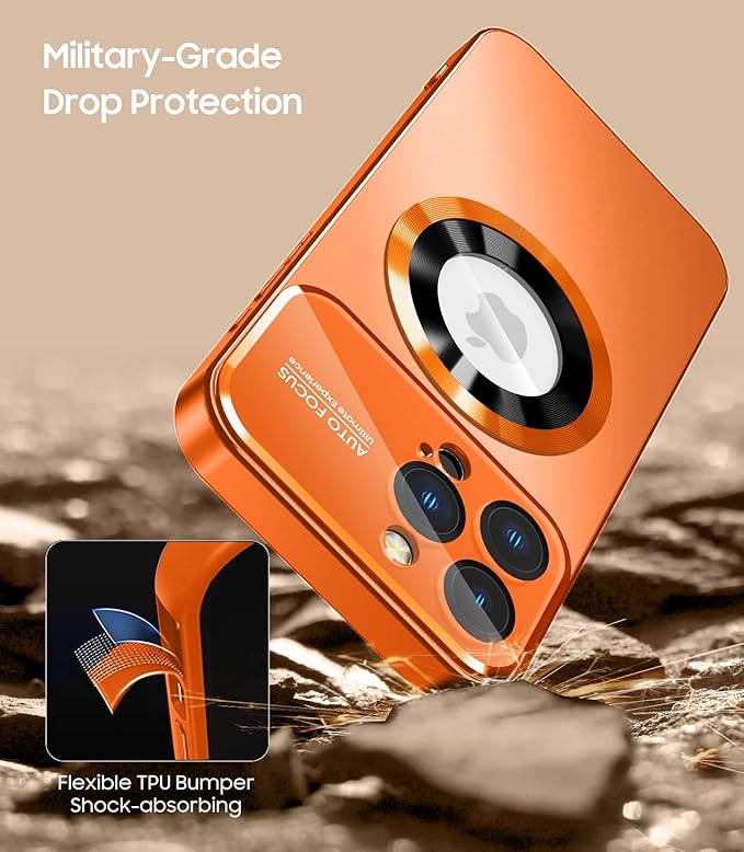 MAKAVO Magnetic for iPhone 16 Pro Max Case, Compatible with MagSafe, Built-in Camera Lens Protector, Logo View, Military Grade Drop Protection Phone Cover, Orange