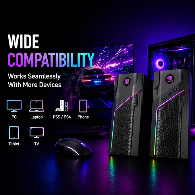 W-206RE RGB Desktop Speakers for Gaming PC, Bluetooth & USB Computer Speakers for Monitor and Laptop, Touch Control Stereo Speakers with 21 LED Light Modes