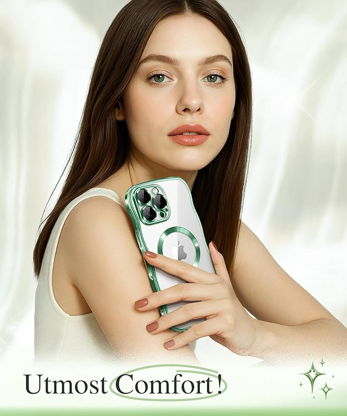 GVIEWIN for iPhone 16 Pro Case Compatible with MagSafe, Upgraded [Full Camera Protection][Cute Wave Frame][Military Grade Protection] Electroplated Soft Phone Cover for Women Girl, Clear/Green