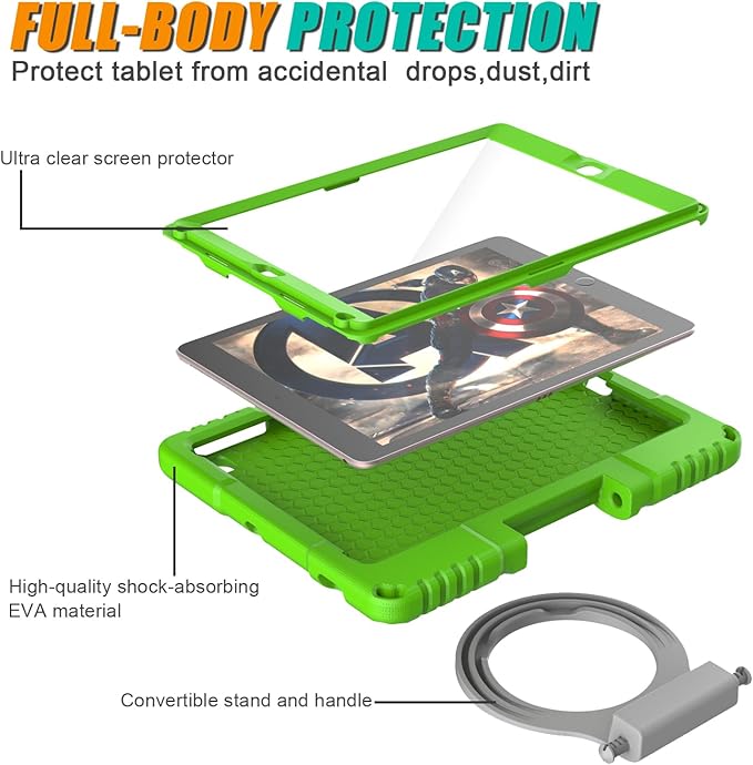 Kids Case for iPad 5th/6th Generation 9.7-inch 2017/2018 Release, Lainergie iPad Air 2 Case with Screen Protector, iPad Pro 9.7 Protective Cover Case Lightweight Shockproof with Handle Stand, Green