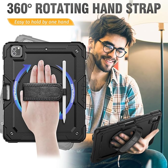 HXCASEAC Case for iPad Pro 12.9 Case (6th 5th 4th 3rd Generation), Shockproof Design | Pencil Holder | Hand Strap | Screen Protector | Heavy Duty Protective iPad 12.9 inch 2022/2021/2020/2018 - Black