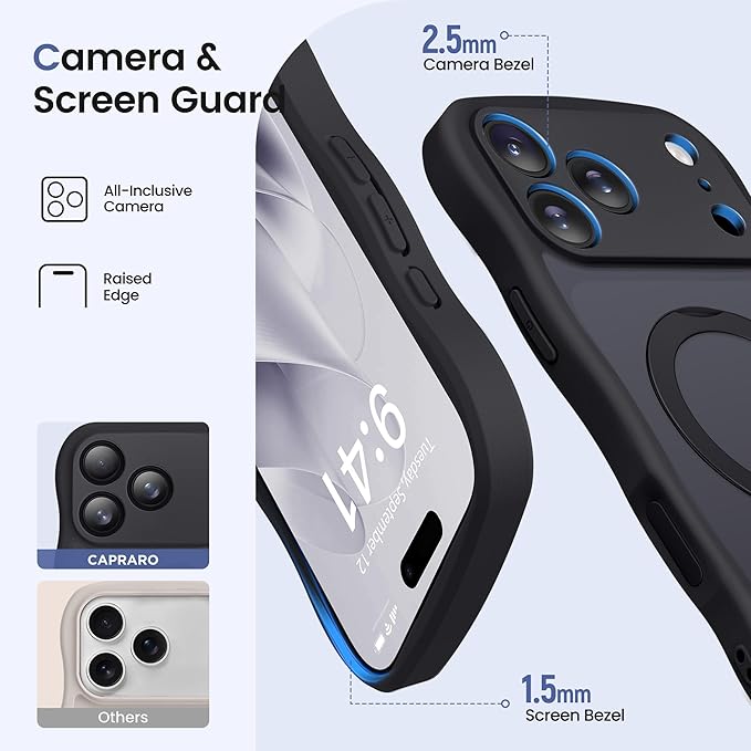 CAPRARO for iPhone 17 Pro Max Case with 360° Spin Magnetic Stand for Women, [Compatible with MagSafe] [Full Camera Protection] Cute Wave Translucent Matte Case for iPhone 17 Pro Max, Black