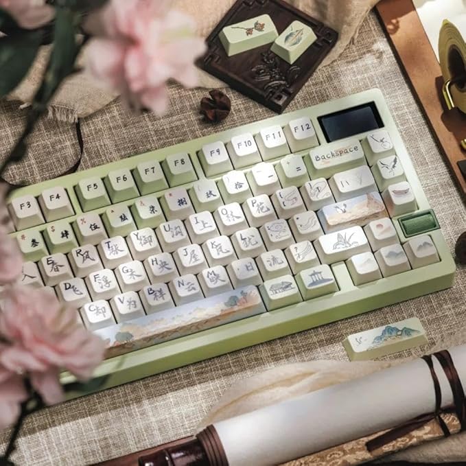 PBT Keycaps-Green Aesthetic Custom Cherry Keycaps,118 Keys Dye Sub Chinese Ancientry Theme Custom Key Caps Keyboard Keycap Set for 100%, 75%, 65%, 60% Mechanical Keyboard