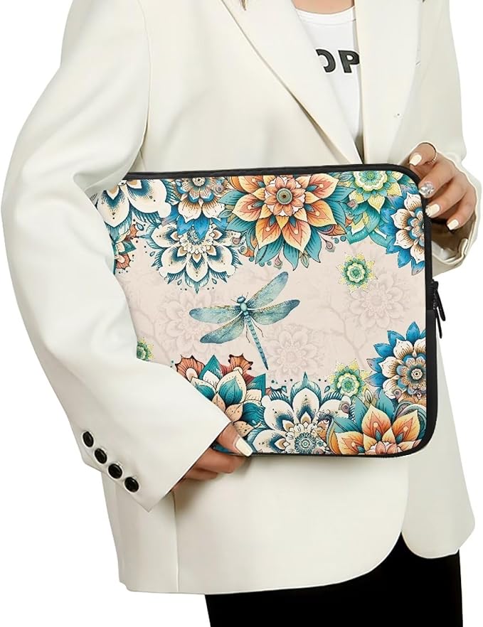 Boho Flower Dragonfly Laptop Protective Sleeve for Women Men Computer Sleeve 13 Inch Laptop Case Bag Lightweight Computer Carrying Case Suitable GITS for Teens Tablet Bags