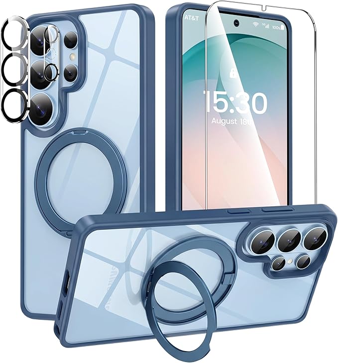 360°Ring Stand for Samsung Galaxy S26 Ultra Case with 1X Screen Protector +1X Camera Cover,Fit for MagSafe, Anti-Yellowing & Scratch-Resistant Back Phone Case for Galaxy S26 Ultra 6.9", Clear Blue
