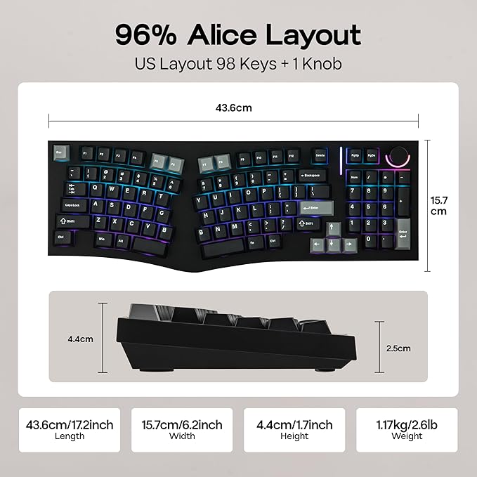 MechLands Feker Alice98 Ergonomic 98 Keys Custom Mechanical Keyboard, VIA Programmable, USB-C Wired Gaming Keyboard, Hot Swappable, 5 Layer Paddings, Control Knob, NKRO, RGB for Win/Mac (Black)