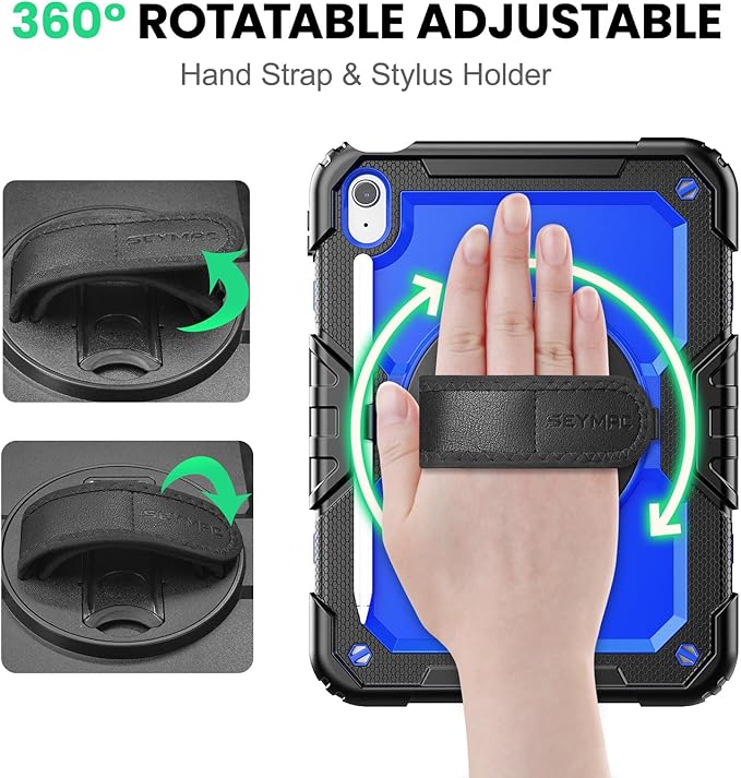 SEYMAC Case for iPad (A16) 11th/10th Generation 2025/2022 (11″/10.9″), Heavy Duty Full-Body Shockproof Protective Case with Screen Protector, Rotating Stand, Hand/Shoulder Strap, Black/Dark Blue