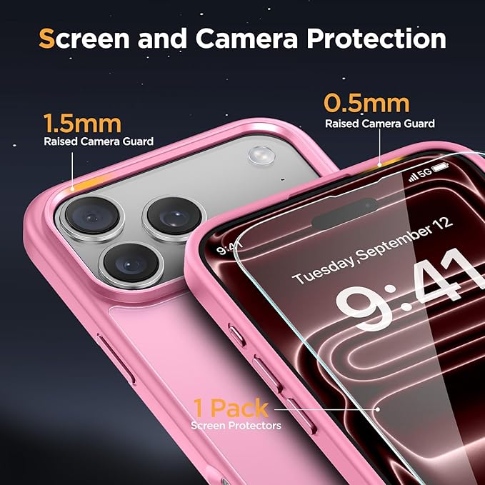 Miracase Magnetic for 17 Pro Case 6.3" with Screen Protector, [Compatible with MagSafe] Military-Grade Protection, Anti-Fingerprint, Slim Thin Phone Case for 17 Pro Cover, Mes Pink