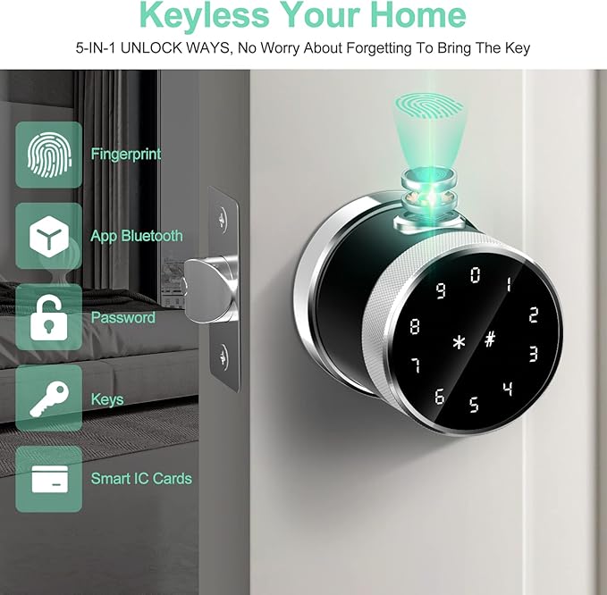 Geek Smart Door Lock, Fingerprint Door Lock Keyless Entry Door Lock with Keypad Smart Door Knob Remote Control with APP IC Card Mechanical Key Great for Airbnb Homes Apartments Hotels and Offices