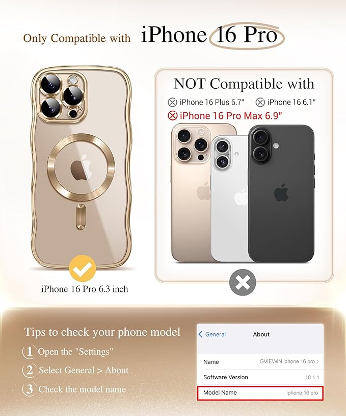 GVIEWIN for iPhone 16 Pro Case Compatible with MagSafe, Upgraded [Full Camera Protection][Cute Wave Frame][Military Grade Protection] Electroplated Soft Phone Cover for Women Girl, Clear/Gold
