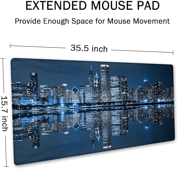 SSOIU Extended Gaming Mouse Pad (35.5x15.7 in), Large Non-Slip Rubber Base Mousepad with Stitched Edges, Waterproof Keyboard Mouse Mat Desk Pad for Work, Game, Office, Home - Chicago Skyline