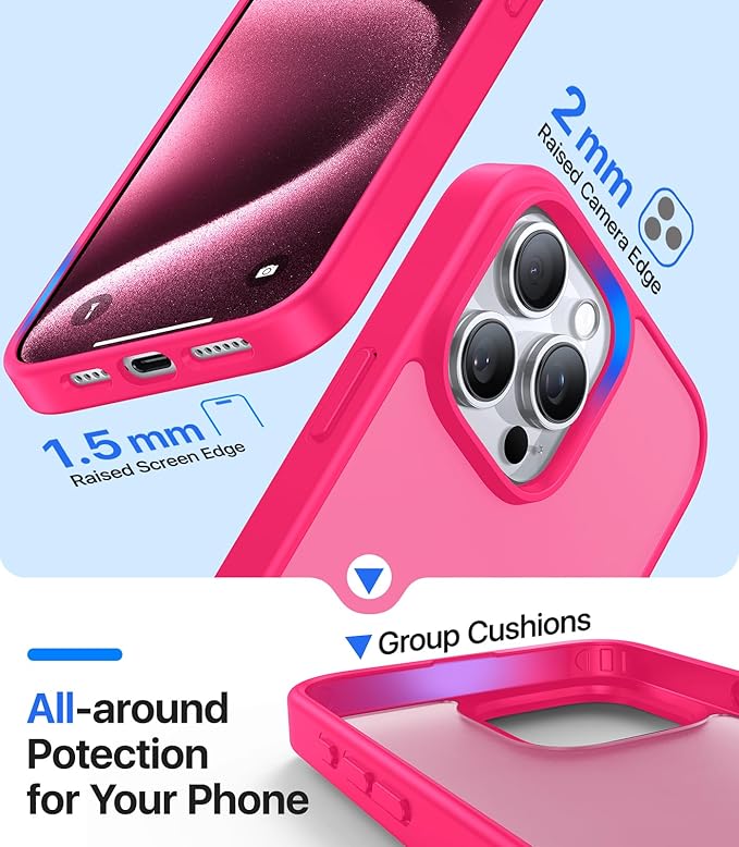 for iPhone 15 Pro Max Case, [Military-Grade Drop Protection][Anti-Yellowing] Shockproof Protective Translucent Matte Cover for iPhone 15 Pro Max Phone Case,Hot Pink