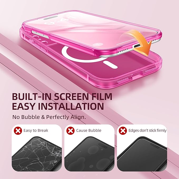BERFY for iPhone 17 Pro Max Case, Compatible with MagSafe, Built-in Glass Screen Protector, Camera Protection, Shockproof Full Body Phone case 6.9", Clear Bright Pink