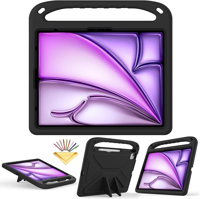 Kids Case for iPad Air 13 inch M4/M3/M2 (2026/2025/2024) & iPad Pro 13 inch M5/M4 (2025/2024) & iPad Pro 12.9 inch Case 6th/5th/4th/3rd Generation with Pencil Holder/Handle Stand Cover, Black