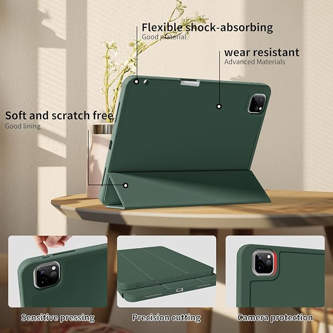 Case for iPad Pro 13 Inch Case (M5/M4) 2025/2024 with Pencil Holder | Slim Protective Trifold TPU Back | Support Apple Pencil Pro & USB-C Charging | Auto Wake/Sleep (Dark Green)
