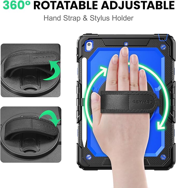 SEYMAC for iPad 9th/8th/7th Generation Case 10.2" 2021-2019, Full-Body Shockproof Heavy Duty Protective Case with Screen Protector, Rotating Stand/Handle/Shoulder Strap for iPad 10.2, Black/Blue