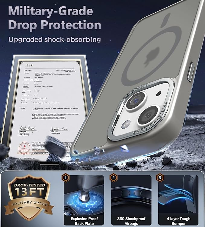 Newfuture Designed for iPhone 13 Case & iPhone 14 Case with Magnetic [13 FT Military Drop Protection] [Compatible with Magsafe] Translucent Shockproof with Anti-Fingerprint Phone Case, Titanium Gray