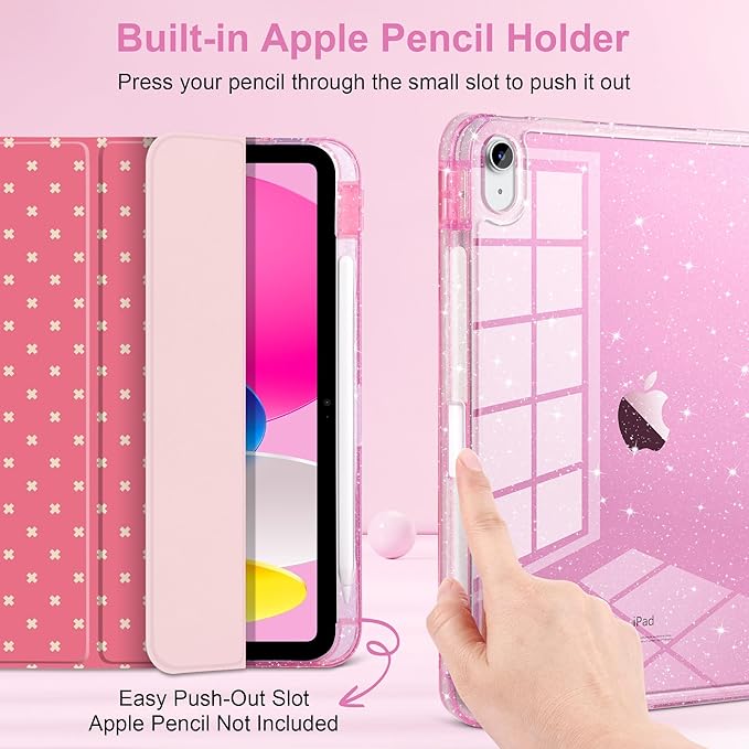 DONGKE for iPad Pro 11 inch Case – Fits M5 2025 / M4 2024, Shockproof Sparkling Glitter Acrylic Back, Pencil Holder, Trifold Stand, Auto Sleep/Wake & Touch ID Support - Dark Pink Cross Dot