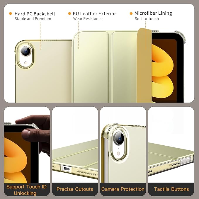 MoKo for iPad mini 7 (A17 Pro) Generation Case 2024, iPad mini 6 Case 2021, 8.3-inch Slim Lightweight Protective Hard Back PC Shell Stand Cover Support Touch ID, Auto Wake/Sleep, Champagne Gold