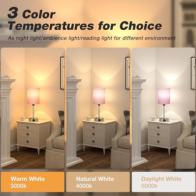 Dicoool Pink Bedroom Lamp for Bedside - 3 Color Temperatures Desk Lamp with USB C and A Ports, Pull Chain Table Lamp with AC Outlet, Nightstand Lamp with Silver Metal Base for Kids Girls