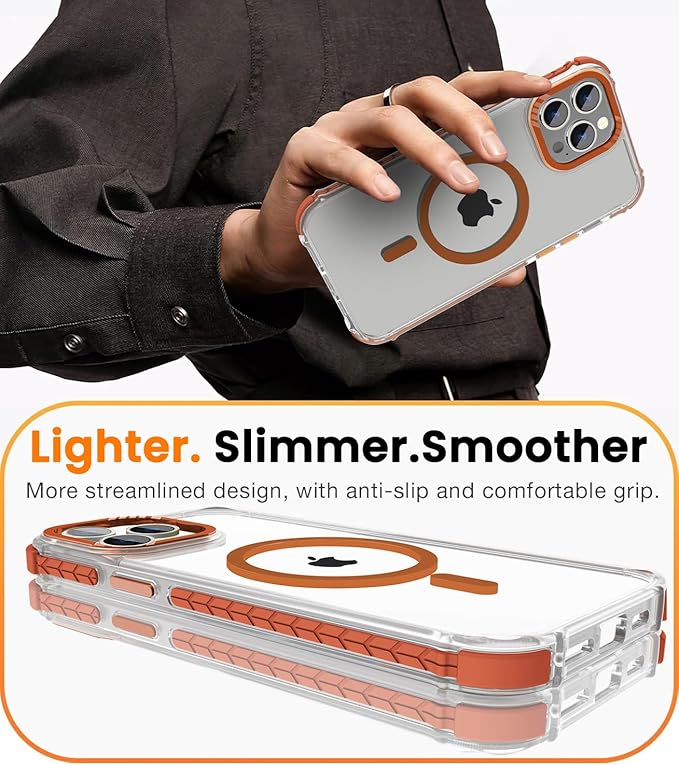 DEERLAMN Strong Magnetic Case for iPhone 13 Pro 6.1-Inch,[Compatible with Magsafe][Military-Grade Protection] Clear Slim Shockproof Protective Phone Cover for Women Men-Transparent+Orange