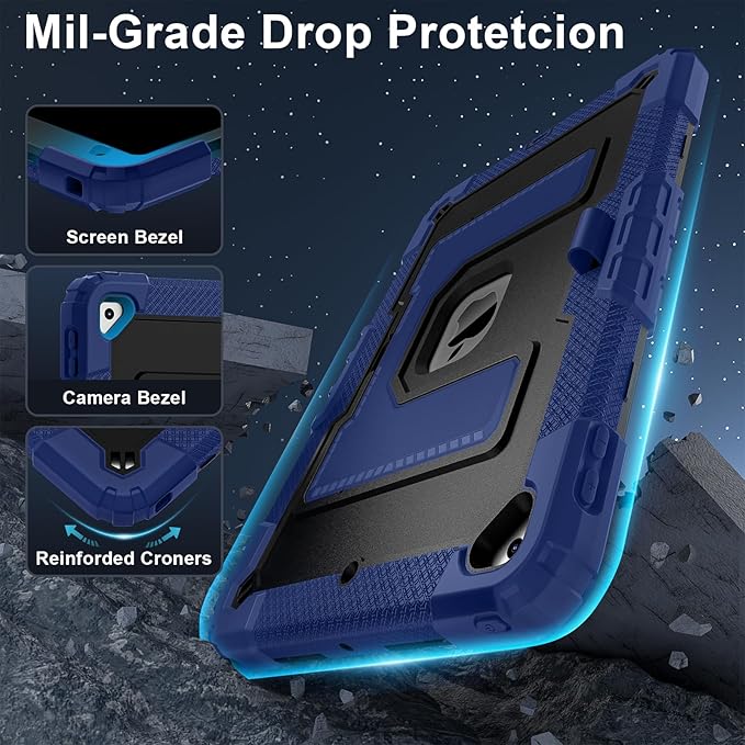 Kids Friendly Case for Apple iPad 10.2" 9th 8th 7th Generation 2021/2020/2019 Case with Pencil Holder & Shoulder Strap, Military Grade Shockproof Kickstand Hard Shell Protective Cover,Blue+Black