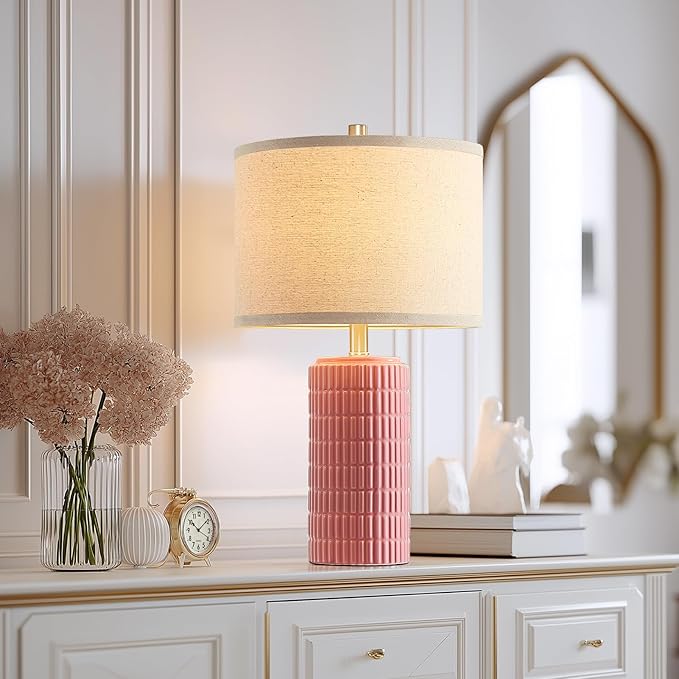 AIEAMPDO 23" Set of 2 Pink Ceramic Table Lamp for Living Room Bedroom, Modern Farmhouse Nightstand Desk Lamps for Dining Room Dresser End Table Entryway, 2 LED Bulbs Included