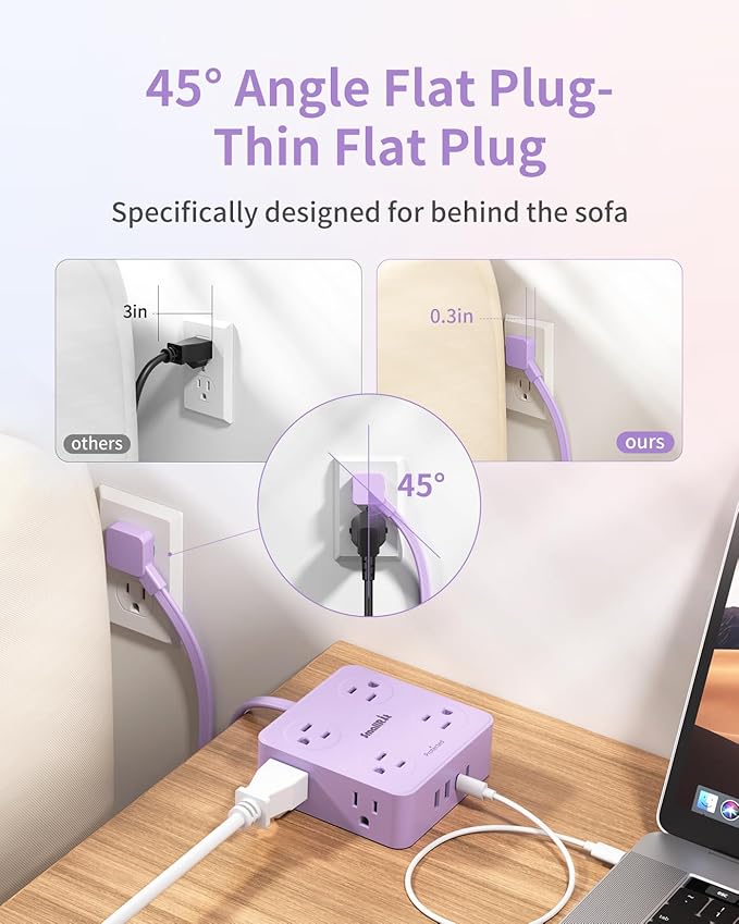 Extension Cord with Multiple Outlets, SMALLRT Surge Protector, 10FT Flat Plug Power Strip, Power Strips with Surge Protection with USB Ports, 8 Outlets, Outlets Extender for Home Office, Purple