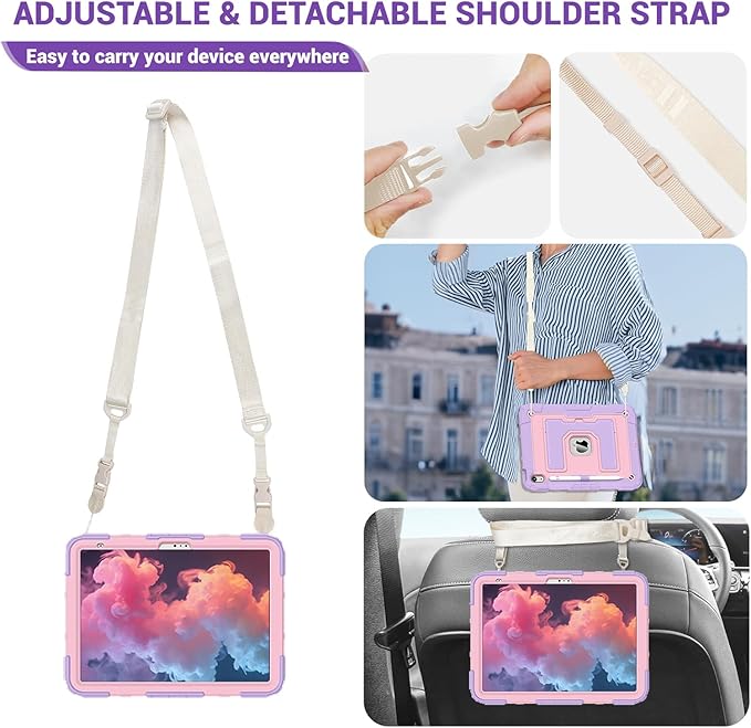 DreamerX Case for iPad A16 11th Generation 11 inch 2025 for Girls Kids, iPad 10th Gen 10.9 inch 2022 Girly Women Cute Silicone Protective Cover with Stand/Shoulder Strap/Pencil Holder Purple Rose Gold