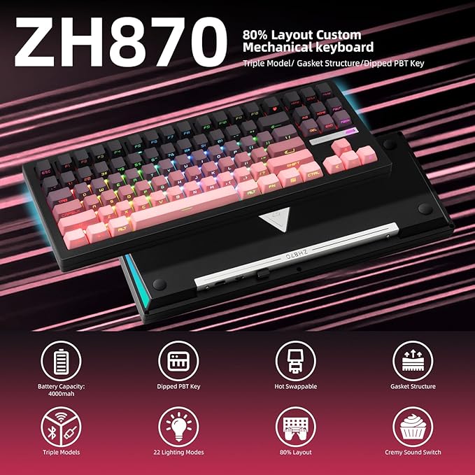 ZORNHER ZH870 Wireless Mechanical Gaming Keyboard,80% Pink & Purple Custom Creamy Sound Keyboard with Shine Through PBT Keycaps,Pre-lubed Linear Switches,Hot-Swappable,RGB Backlit,2.4GHz/USB-C/BT5.0