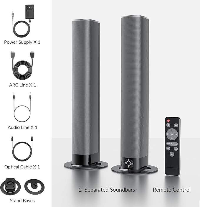 Sound Bar for Smart TV, 80W Soundbar with Bluetooth/ARC/Opt/AUX Connect, Auto Volume Boost, 3 Equalizer Modes, 2 in 1 Detachable Soundbar for TV/PC/Gaming/Projectors