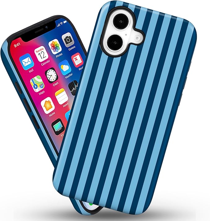 Magnetic for iPhone 17 Case Cute Stripes Phone Case, Shockproof Slim TPU and Hard PC Protective Phone Cover Compatible with MagSafe Designed for Women Girls, Lake Blue
