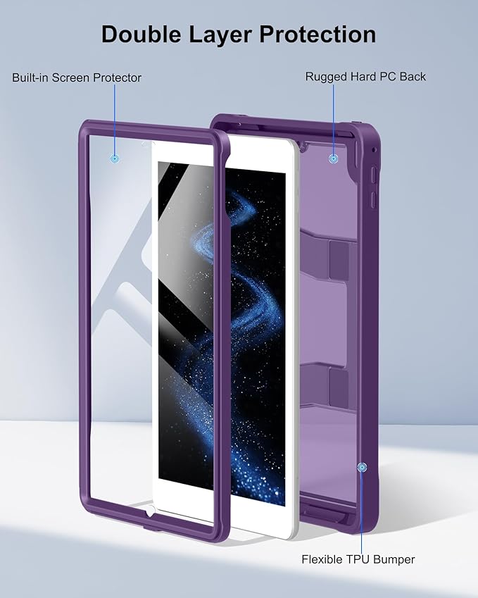 DTTO Case for iPad 6th/5th Generation 9.7 Inch 2018/2017, Adjust Kickstand Freely, Built-in Screen Protector, Frosted Full-Body Shockproof Protective Cover for iPad Air 2 / Pro 9.7, Dark Purple