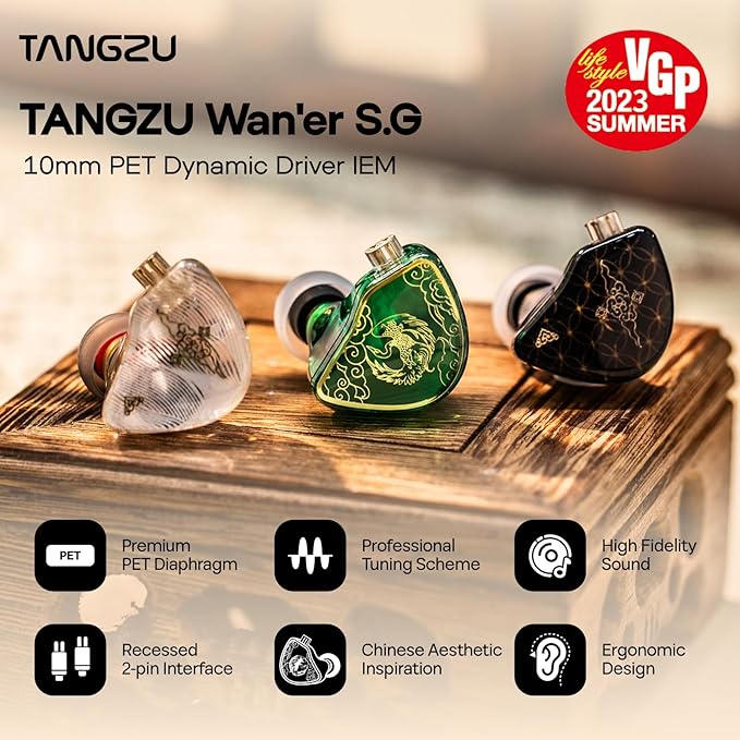 Linsoul TANGZU Wan’er S.G HiFi 10mm Dynamic Driver PET Diaphragm in-Ear Earphone with Ergonomic Shape, Detachable Recessed 2Pin OFC Braided Cable for Audiophile Musician DJ Stage(Black, Without Mic)