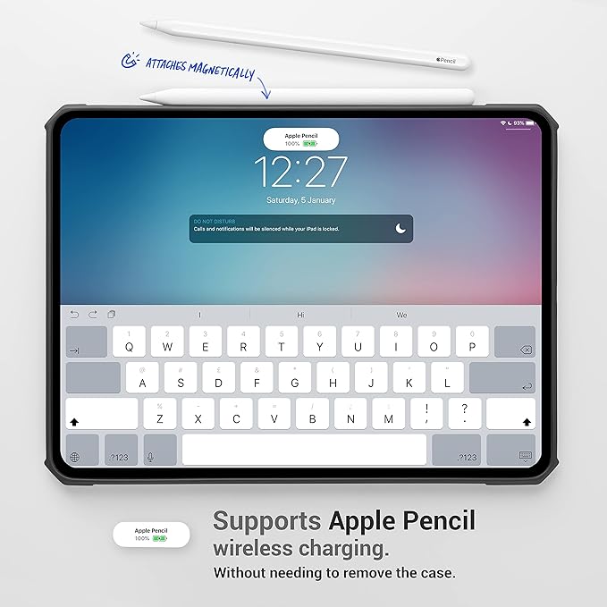TineeOwl iPad Pro 12.9 inch Case 2022, 2021, 2020, 2018 (6th, 5th, 4th & 3rd Generation) Ultra Thin Matte Clear, Supports Apple Pencil Wireless Charging, Absorbs Shock (Black/Matte Back)