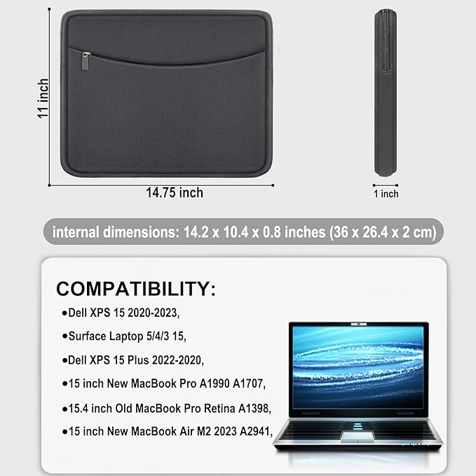 Laptop Sleeve Case 14 inch, Shockproof Protective Laptop Cover Carrying Computer Bag with Accessory Pocket Portable Computer Case for 14" MacBook, HP, Dell, Lenovo, Acer, Grey