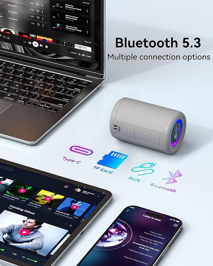 LENRUE Small Portable Bluetooth Speaker with Lights, TWS Stereo Surround Sound, Type C Powered, Bluetooth 5.3, AUX TF Card Input, Wireless for Outdoor Home, Coolest Gifts